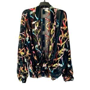 Patra Vintage Lame Metallic Open Tie Front Black Sheer Blouse size large USA